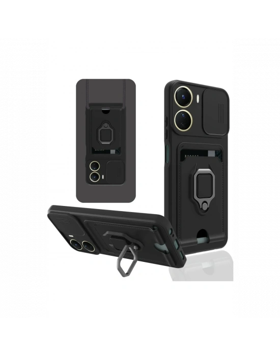 Newface Vivo Y16 Kılıf Zuma Kartvizitli Yüzüklü Silikon - Siyah