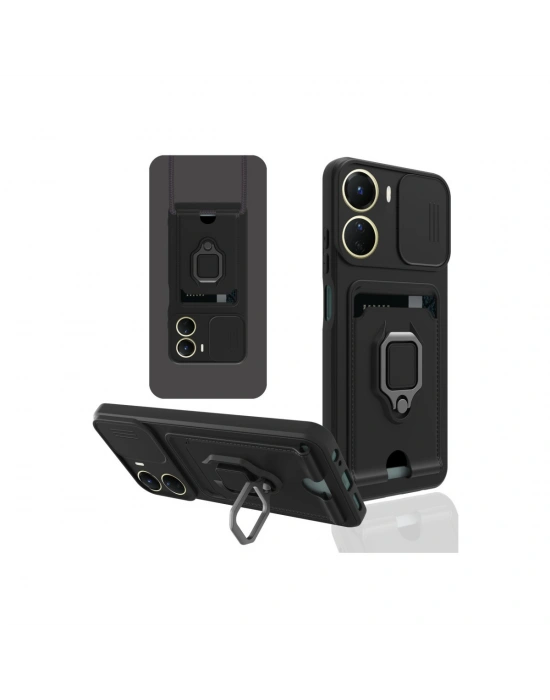 Newface Vivo Y16 Kılıf Zuma Kartvizitli Yüzüklü Silikon - Siyah