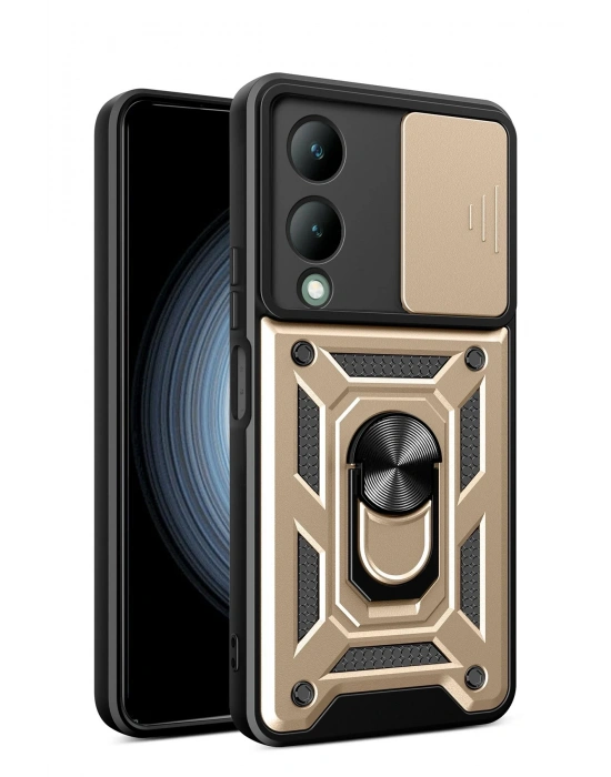 Newface Vivo Y17S Kılıf Pars Lens Yüzüklü Silikon - Gold