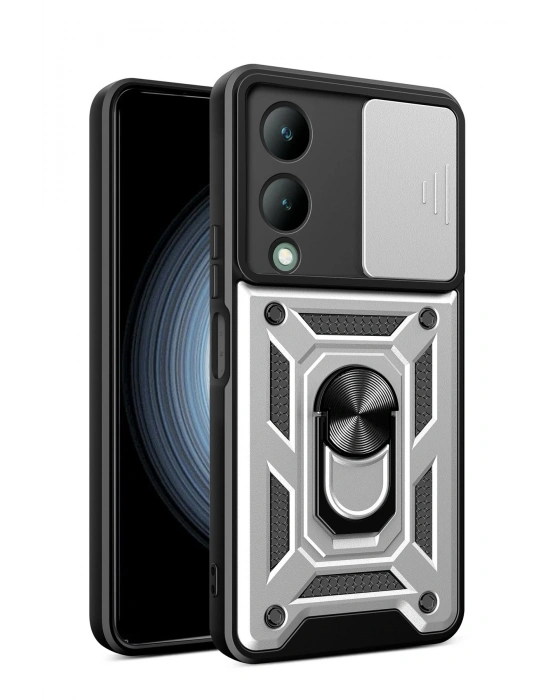 Newface Vivo Y17S Kılıf Pars Lens Yüzüklü Silikon - Gümüş