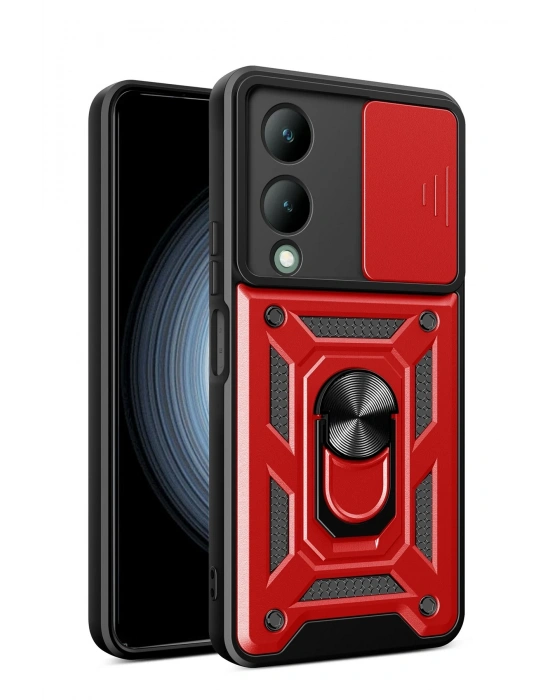 Newface Vivo Y17S Kılıf Pars Lens Yüzüklü Silikon - Kırmızı