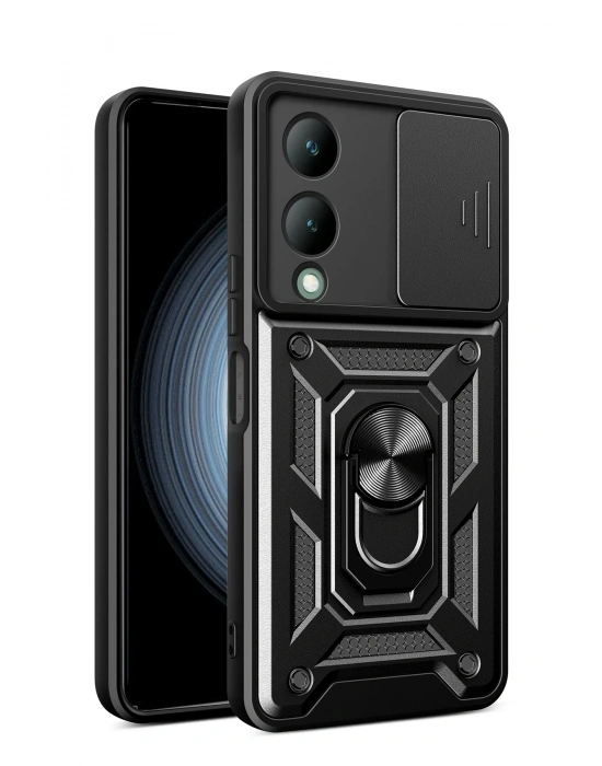 Newface Vivo Y17S Kılıf Pars Lens Yüzüklü Silikon - Siyah