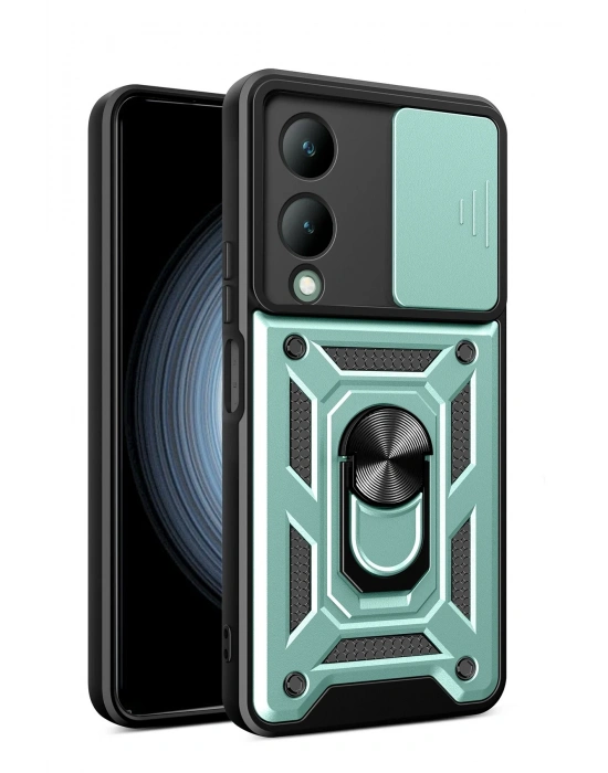 Newface Vivo Y17S Kılıf Pars Lens Yüzüklü Silikon - Yeşil