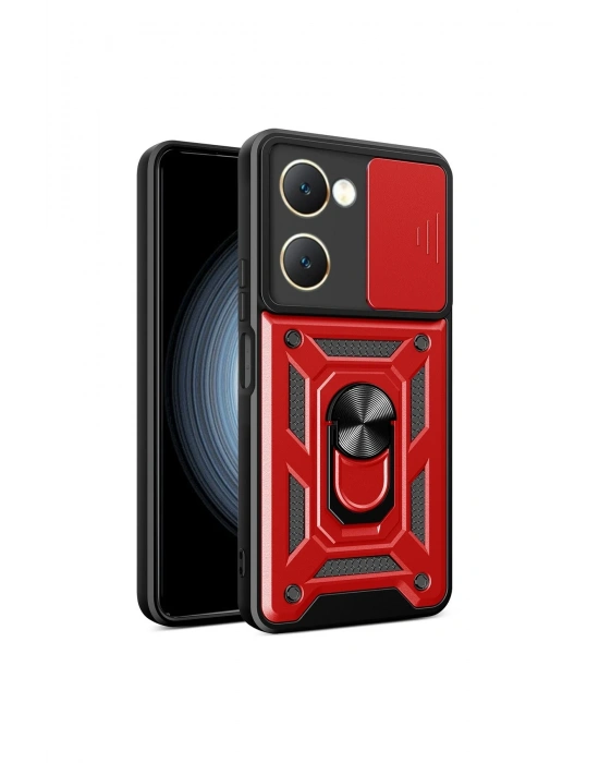 Newface Vivo Y18 Kılıf Pars Lens Yüzüklü Silikon - Kırmızı