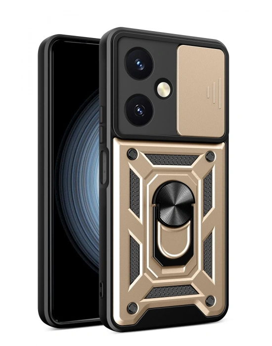 Newface Vivo Y27 Kılıf Pars Lens Yüzüklü Silikon - Gold