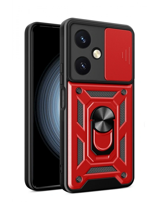 Newface Vivo Y27 Kılıf Pars Lens Yüzüklü Silikon - Kırmızı