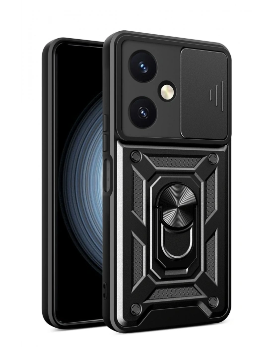 Newface Vivo Y27 Kılıf Pars Lens Yüzüklü Silikon - Siyah