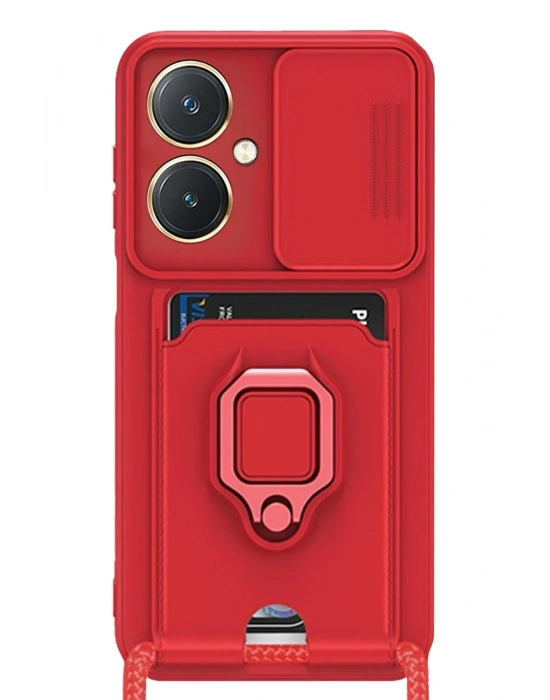 Newface Vivo Y27 Kılıf Zuma Kartvizitli Yüzüklü Silikon - Kırmızı