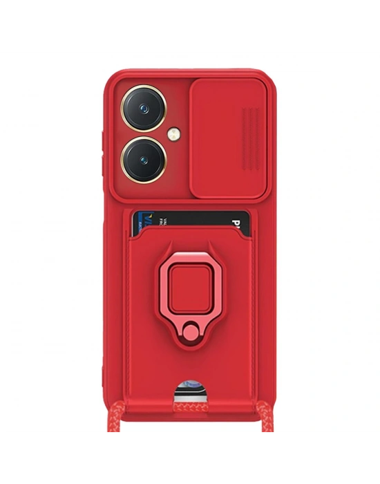 Newface Vivo Y27 Kılıf Zuma Kartvizitli Yüzüklü Silikon - Kırmızı