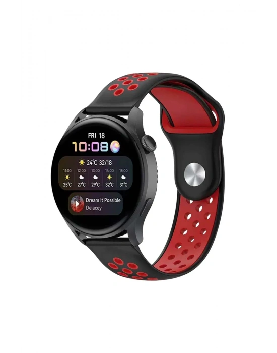 Newface Watch 22mm Spor Delikli Kordon - Siyah-Kırmızı