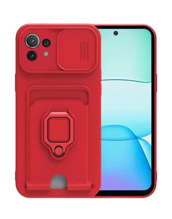 Newface Xiaomi Mİ 11 Lite Kılıf Zuma Kartvizitli Yüzüklü Silikon - Kırmızı