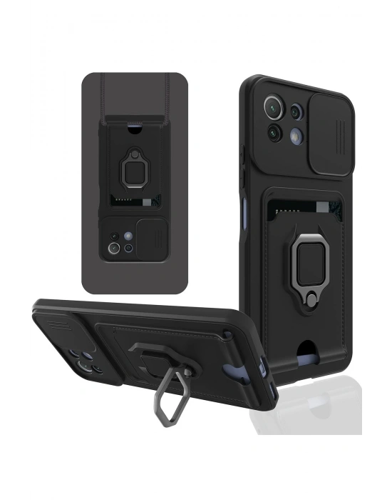 Newface Xiaomi Mİ 11 Lite Kılıf Zuma Kartvizitli Yüzüklü Silikon - Siyah