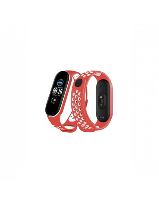 Newface Xiaomi Mi Band 6 Spor Delikli Kordon - Kırmızı-Beyaz