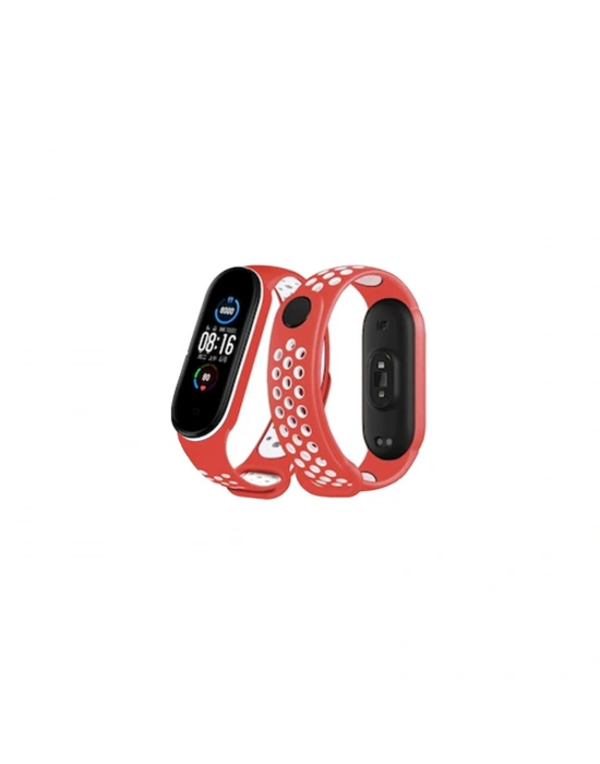 Newface Xiaomi Mi Band 6 Spor Delikli Kordon - Kırmızı-Beyaz