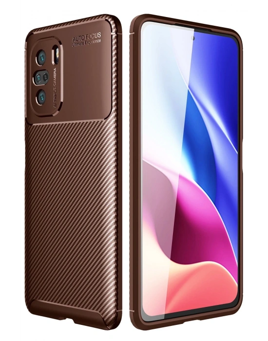 Newface Xiaomi Poco F3 Kılıf Auto Focus Karbon Kapak - Kahverengi