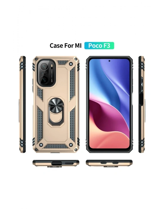 Newface Xiaomi Poco F3 Kılıf Sofya Yüzüklü Silikon Kapak - Gold