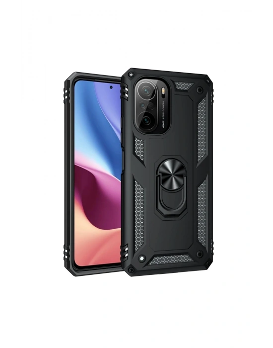 Newface Xiaomi Poco F3 Kılıf Sofya Yüzüklü Silikon Kapak - Siyah