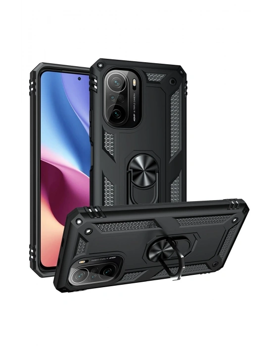 Newface Xiaomi Poco F3 Kılıf Sofya Yüzüklü Silikon Kapak - Siyah