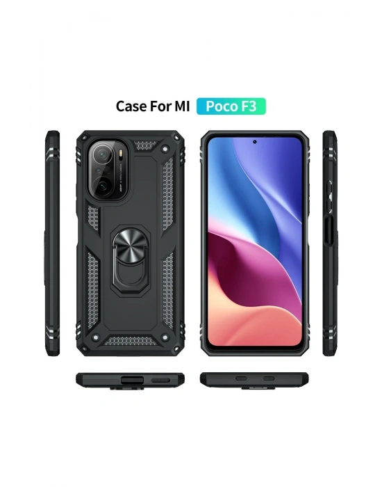 Newface Xiaomi Poco F3 Kılıf Sofya Yüzüklü Silikon Kapak - Siyah