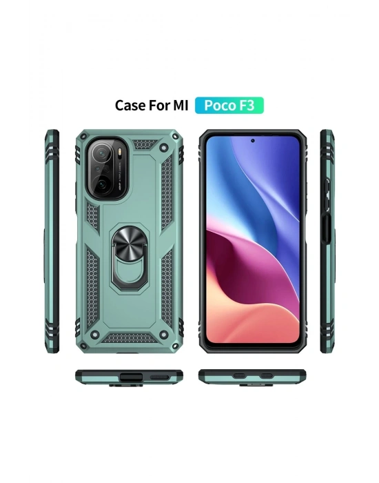 Newface Xiaomi Poco F3 Kılıf Sofya Yüzüklü Silikon Kapak - Yeşil