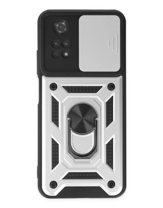 Newface Xiaomi Poco M4 Pro 4G Kılıf Pars Lens Yüzüklü Silikon - Gümüş