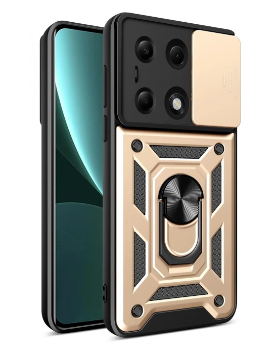 Newface Xiaomi Poco M6 Pro 4G Kılıf Pars Lens Yüzüklü Silikon - Gold