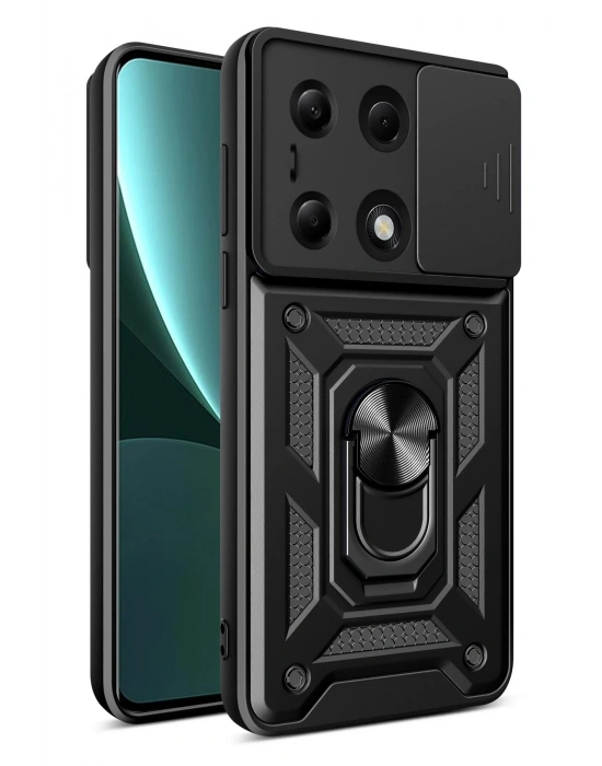 Newface Xiaomi Poco M6 Pro 4G Kılıf Pars Lens Yüzüklü Silikon - Siyah