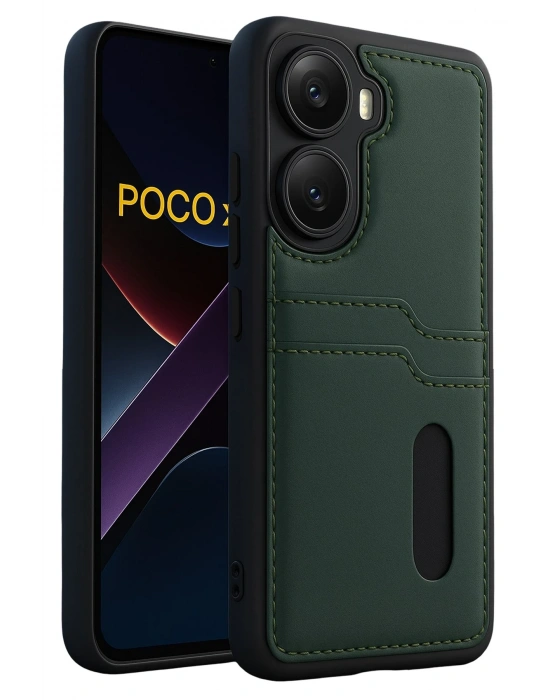 Newface Xiaomi Poco X7 Pro Kılıf Sara Kartvizitli Deri Kılıf - Koyu Yeşil