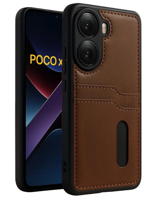 Newface Xiaomi Poco X7 Pro Kılıf Sara Kartvizitli Deri Kılıf - Taba