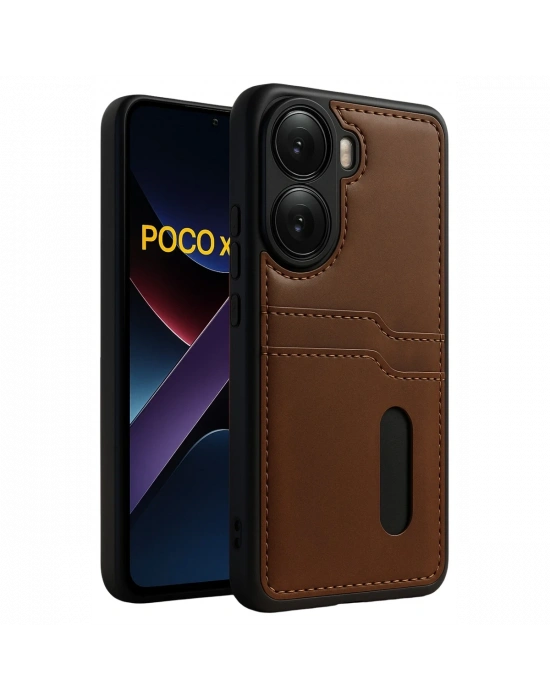 Newface Xiaomi Poco X7 Pro Kılıf Sara Kartvizitli Deri Kılıf - Taba