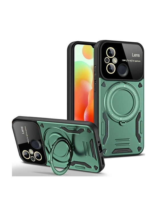 Newface Xiaomi Redmi 12C Kılıf Joy Lens Standlı Kapak - Koyu Yeşil