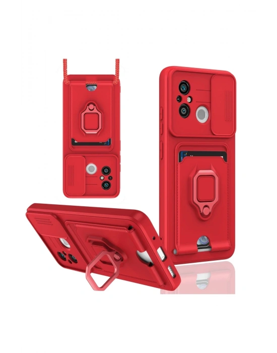 Newface Xiaomi Redmi 12C Kılıf Zuma Kartvizitli Yüzüklü Silikon - Kırmızı