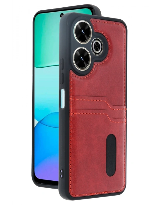 Newface Xiaomi Redmi 13 4G Kılıf Sara Kartvizitli Deri Kılıf - Kırmızı