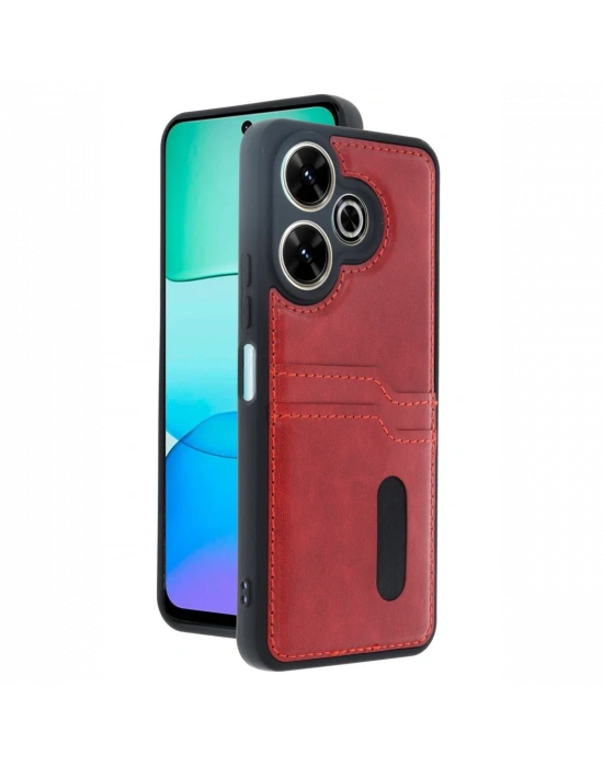 Newface Xiaomi Redmi 13 4G Kılıf Sara Kartvizitli Deri Kılıf - Kırmızı