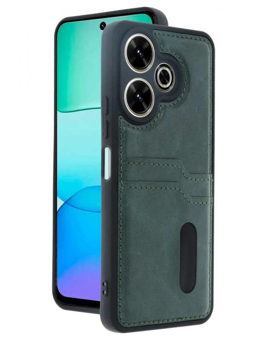 Newface Xiaomi Redmi 13 4G Kılıf Sara Kartvizitli Deri Kılıf - Koyu Yeşil