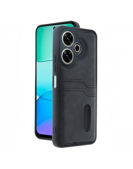 Newface Xiaomi Redmi 13 4G Kılıf Sara Kartvizitli Deri Kılıf - Siyah