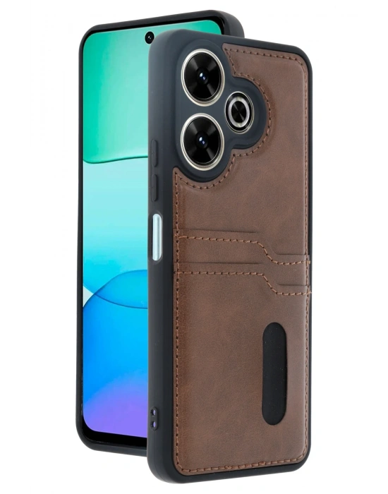 Newface Xiaomi Redmi 13 4G Kılıf Sara Kartvizitli Deri Kılıf - Taba