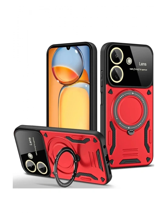 Newface Xiaomi Redmi 13C Kılıf Joy Lens Standlı Kapak - Kırmızı