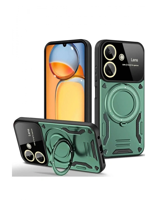 Newface Xiaomi Redmi 13C Kılıf Joy Lens Standlı Kapak - Koyu Yeşil