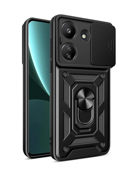 Newface Xiaomi Redmi 13C Kılıf Pars Lens Yüzüklü Silikon - Siyah