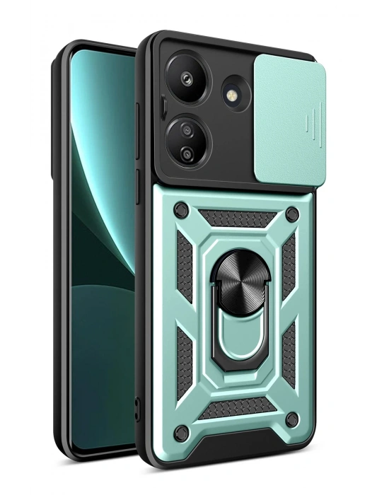 Newface Xiaomi Redmi 13C Kılıf Pars Lens Yüzüklü Silikon - Yeşil