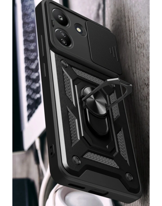 Newface Xiaomi Redmi 13C Kılıf Pars Lens Yüzüklü Silikon - Yeşil