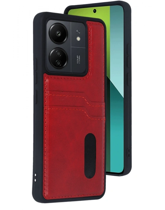 Newface Xiaomi Redmi 13C Kılıf Sara Kartvizitli Deri Kılıf - Kırmızı