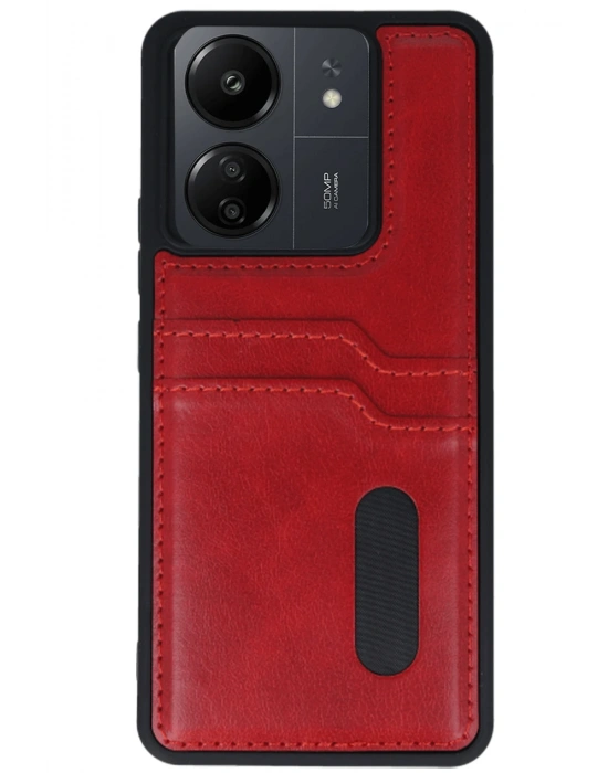 Newface Xiaomi Redmi 13C Kılıf Sara Kartvizitli Deri Kılıf - Kırmızı