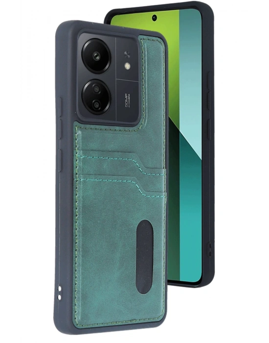 Newface Xiaomi Redmi 13C Kılıf Sara Kartvizitli Deri Kılıf - Koyu Yeşil