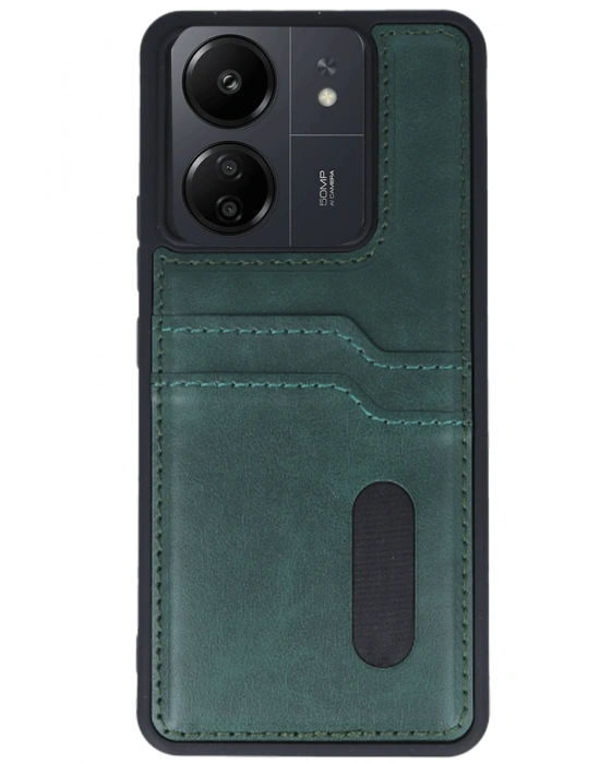 Newface Xiaomi Redmi 13C Kılıf Sara Kartvizitli Deri Kılıf - Koyu Yeşil