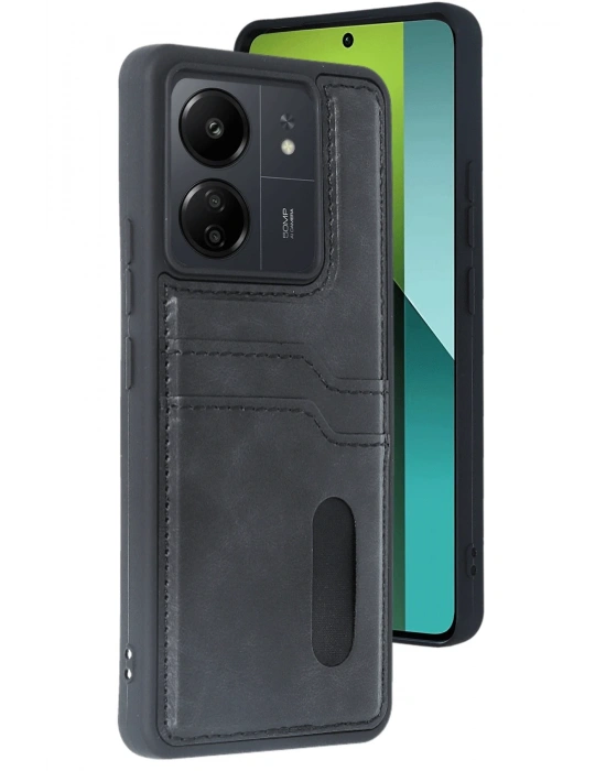 Newface Xiaomi Redmi 13C Kılıf Sara Kartvizitli Deri Kılıf - Siyah