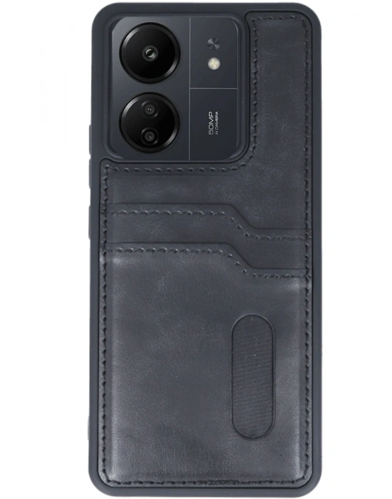 Newface Xiaomi Redmi 13C Kılıf Sara Kartvizitli Deri Kılıf - Siyah