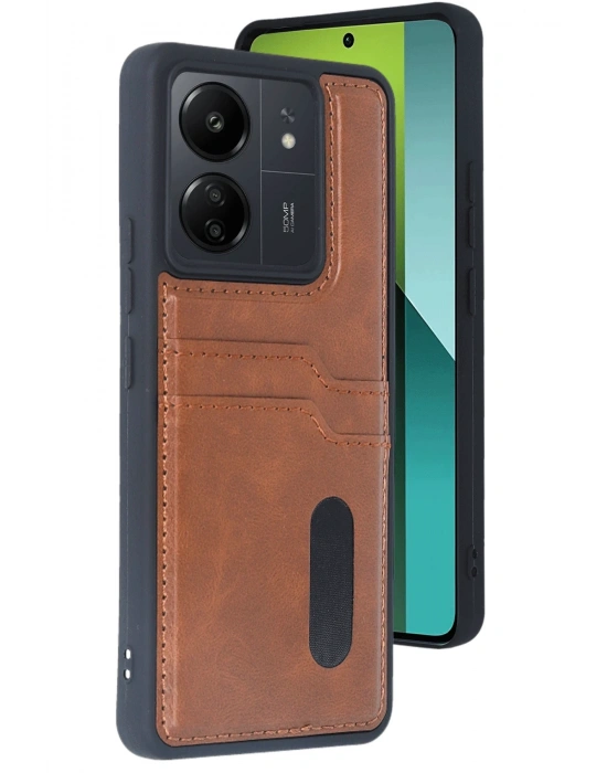 Newface Xiaomi Redmi 13C Kılıf Sara Kartvizitli Deri Kılıf - Taba