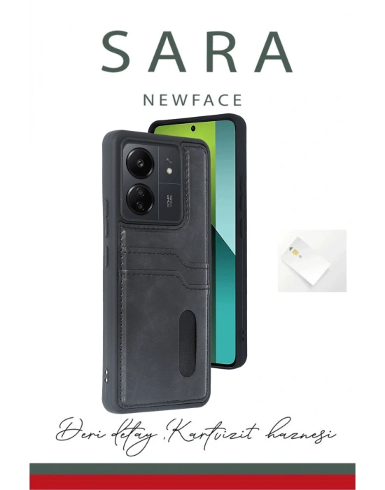 Newface Xiaomi Redmi 13C Kılıf Sara Kartvizitli Deri Kılıf - Taba